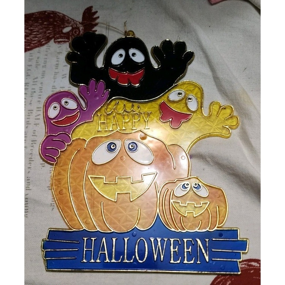 Vintage Plastic Stained Glass Sun Catcher Ghosts Ghouls Pumpkin Halloween Decor